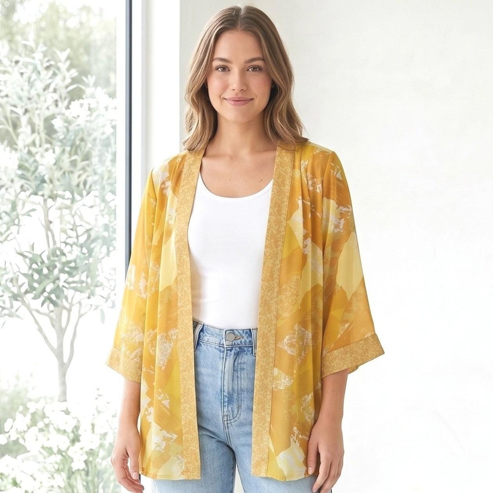 Bob Mackie Kimono Cardigan Women M Yellow Abstract Print Open Front Wearable Art